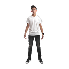 CAMERA ANGLE FROM A SHORT DISTANCE. A MALAY TEENAGE MALE WEARING AN EMPTY BLACK SHIRT WITH A ROUND NECK. LEVIS JEANS. WHITE CONVERSE SHOES. WEARING A GOLD COLORED WATCH on a transparent background