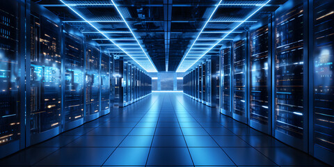 database server. super computer stores big data digital information.  tech technology background.Data Center Logo 