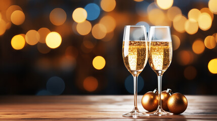 champagne glasses on table with bokeh background
