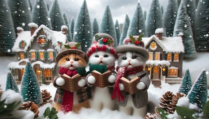 Cute Christmas cats in hats in snowy village