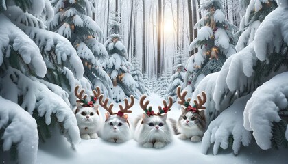 Cute cats with deer antlers in a snowy magical forest. New Year, Christmas concept 