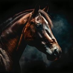 Portrait of a bay horse in the smoke on a dark background