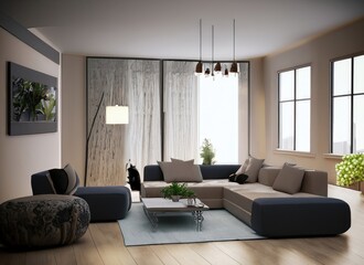Interior living room scandinavian, with offwhite sofa. CReated with Ai
