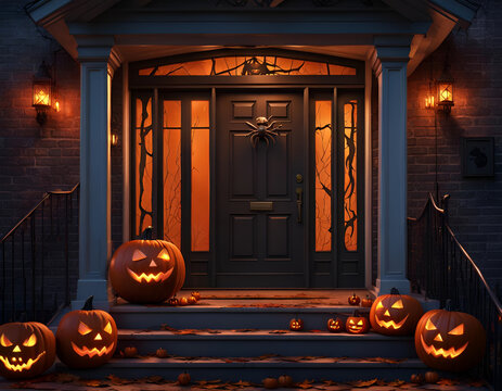 Halloween decorated front door with pumpkins of various size. Front Porch decorated for the Halloween season. Concept of Halloween. Digital illustration. CG Artwork Background