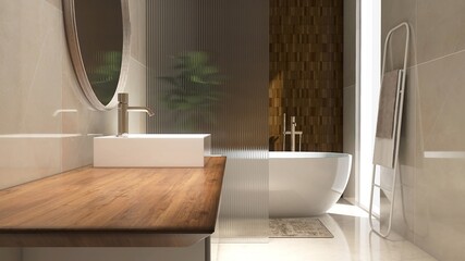 Luxury bathroom with bathtub, reeded glass partition, vanity counter, washbasin in sunlight from...