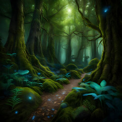 Mystical Forest: A lush, enchanted forest with towering trees, bioluminescent plants, and curious woodland creatures.
