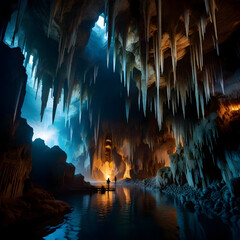 Fototapeta premium Mystical Caverns: Expansive underground caverns filled with captivating stalactites, shimmering crystals, and secret subterranean lakes.
