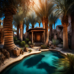 Enchanted Desert Oasis: A magical desert oasis with lush palm trees, a shimmering blue lagoon, and ancient ruins hidden in the dunes.