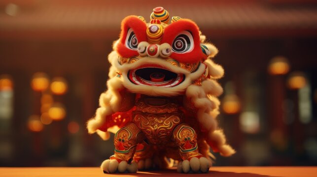 3D rendering of a cartoon image of a Chinese child performing a lion dance to celebrate the Chinese New Year