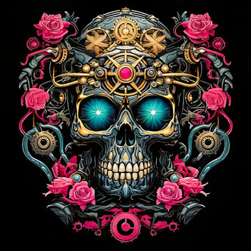 Steampunk T-Shirt Design.  Generated Image.  A digital illustration of a macabre steampunk design for a t-shirt.