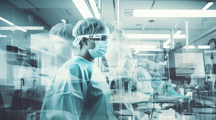 Conceptual of medical workers in protective clothing and masks working in modern hospital. Double exposure
