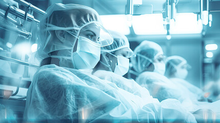 Conceptual of medical workers in protective clothing and masks working in modern hospital. Double exposure