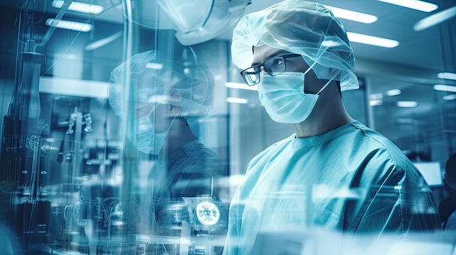 Conceptual of medical workers in protective clothing and masks working in modern hospital. Double exposure