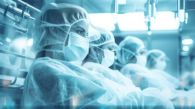 Conceptual of medical workers in protective clothing and masks working in modern hospital. Double exposure