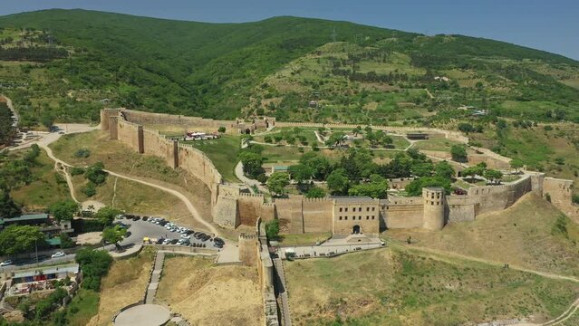 Scenic aerial view of famous ancient castle in Derbent city, Dagestan, Russia