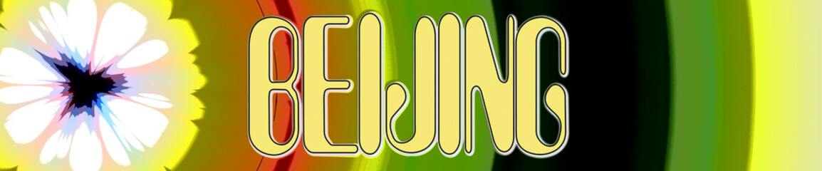 The name of the city BEIJING in capital letters on colorful background with white blossom