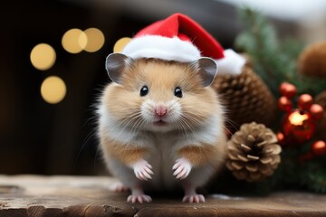 Fototapeta na wymiar country pig in christmas hat