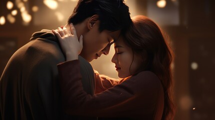 Naklejka premium Man and woman reach out to each other. Korean drama