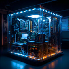 Futuristic electronic equipment in the dark room. 3d rendering