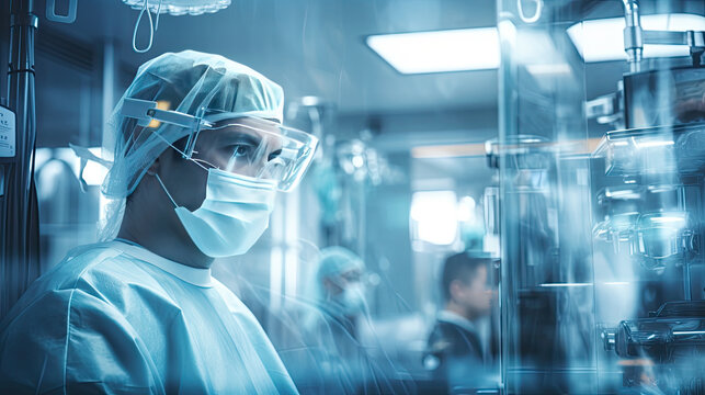 Conceptual of medical workers in protective clothing and masks working in modern hospital. Double exposure