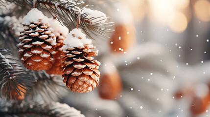 Obraz premium Fir Branch With Pine Cone And Snow Flakes - Christmas Holidays Background