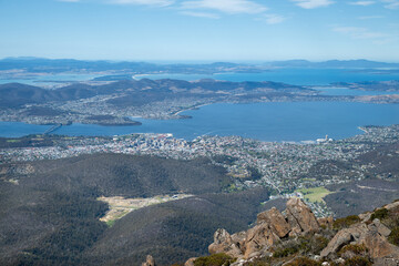 Fototapeta na wymiar View over the city of Hobart, from the summit of Mt Wellington in Tasmania, Australia