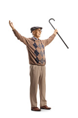 Excited senior man holding a walking cane and waiting with arms wide open