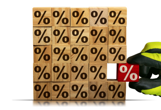 Gloved hand chooses a wooden block with red percentage sign, from a stack of wooden blocks with brown percent signs. Isolated on white or transparent background. Png. - Powered by Adobe