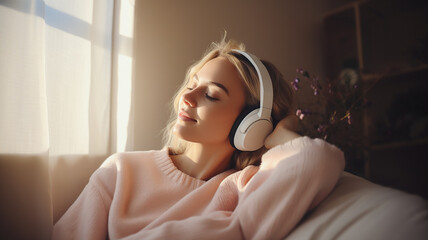A woman is listening to music with a headphone