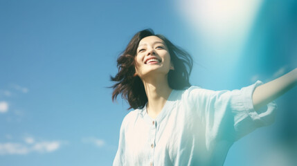 白シャツを着た笑顔が綺麗な日本人女性　GenerativeAI - obrazy, fototapety, plakaty