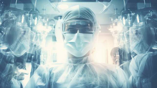 Conceptual of medical workers in protective clothing and masks working in modern hospital. Double exposure