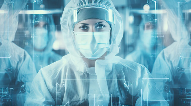 Conceptual of medical workers in protective clothing and masks working in modern hospital. Double exposure - Powered by Adobe