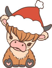 Baby Highland cow with Santa hat Christmas