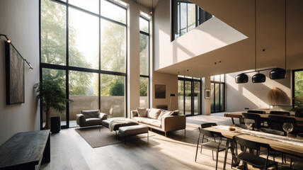 Living room interior in modern country house. Minimalism, light furniture, panoramic windows, black details in design of room