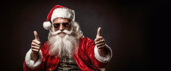 Cool modern Santa Claus with sunglasses and thumbs up isolated on a dark background with copy space. Merry Christmas concept