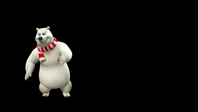 White Cartoon Polar Bear With Red-White Striped Scarf Jumps In To Spook And Pointing Direction With Its Right Hand In Transparent Background.