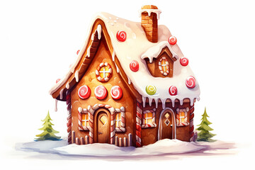 A gingerbread house painted in watercolor on a white background