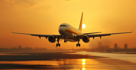 Fototapeta na wymiar Passenger plane seen landing during sunset. Travel concept.