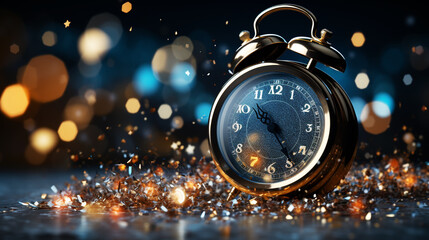 Fototapeta na wymiar Old Black vintage alarm clock on wooden table on blur background of Christmas tree. New Year Theme