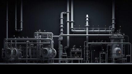 Fototapeta premium 3d Power plant background with copy space, steel tanks, pipes, boilers, and steam. Clean H2 energy concept