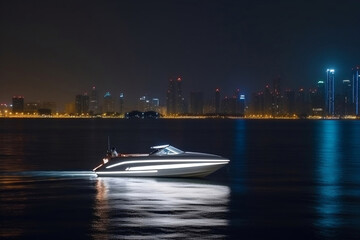 Obraz premium Modern fast boat sailing in bay with a city at night on background generative ai