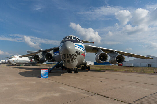Military transport aircraft Il-76 MD-90A "Viktor Livanov" at Gromov Flight Research Institute airfield. MAKS-2015 air show. Il-76MD-90A  with PS-90A engines parked. Zhukovsky, Russia - August 26, 2015