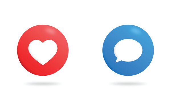 3d Like and Message button vector icons for web. Realistick heart and speech bubble in circle with shadows and highlights. Love and chatiing symbol.