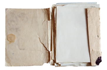 old folder with stack of old papers isolated on white background