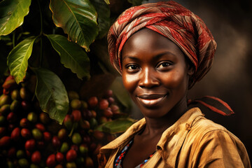 Portrait of a young African woman working on the coffee plantation - obrazy, fototapety, plakaty