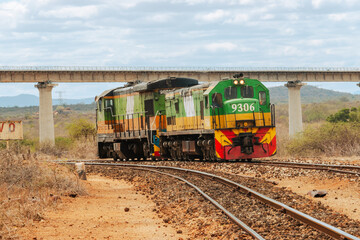Fototapeta na wymiar An old diesel train in the wild at Tsavo East National Park, Kenya
