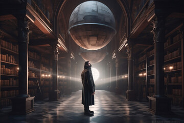 Man standing in mysterious astrological library looking on globe generative ai