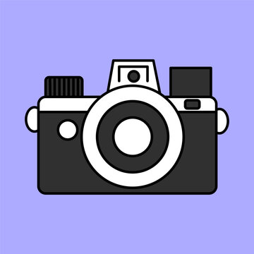 Cute camera drawn in flat style on a lilac background. Retro camera, photography, vintage element.