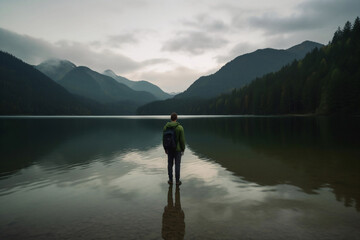 Man standing on shore of lake at mountain landscape generative ai