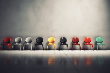 A lineup of chairs featuring an odd one out. Represents job opportunity and business leadership. Rendered in 3D. Generative AI - obrazy, fototapety, plakaty